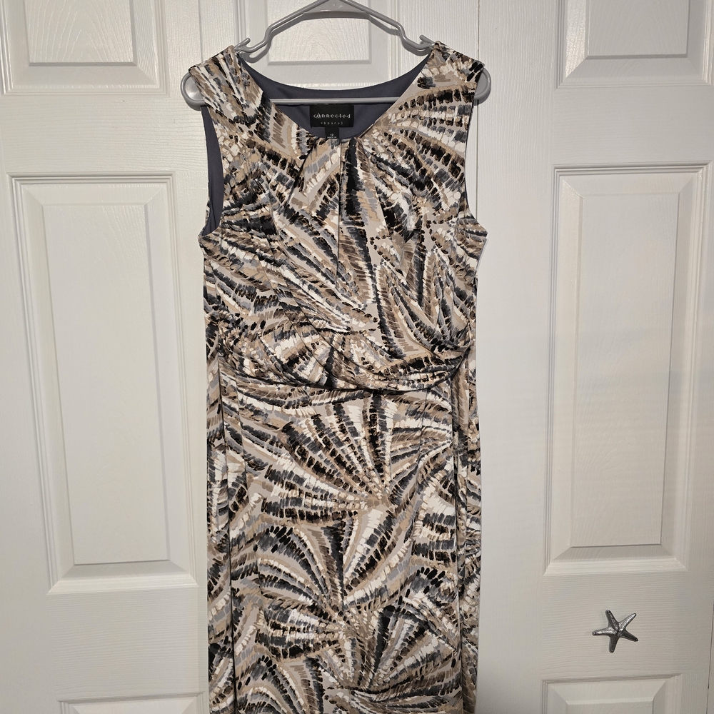 Connected Apparel Abstract Beige and Black Midi Dress